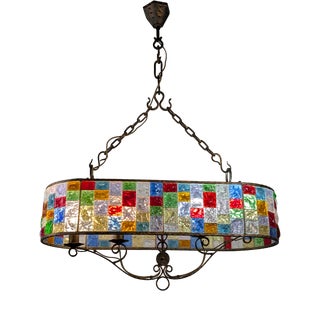 Large Italian Multicolor Hammered Glass and Wrought Iron Lamp, 1990s For Sale