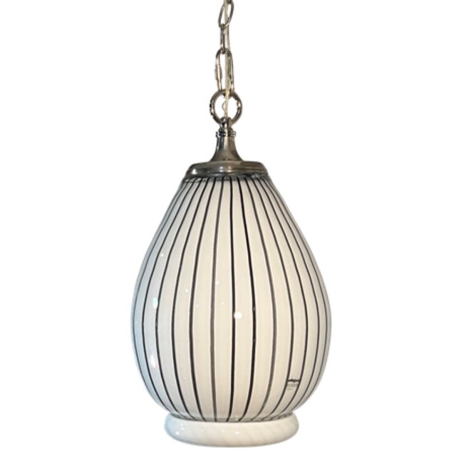 Vintage Murano Striscia Art Glass White Oval Pendant Light With Black Stripes For Sale - Image 12 of 18
