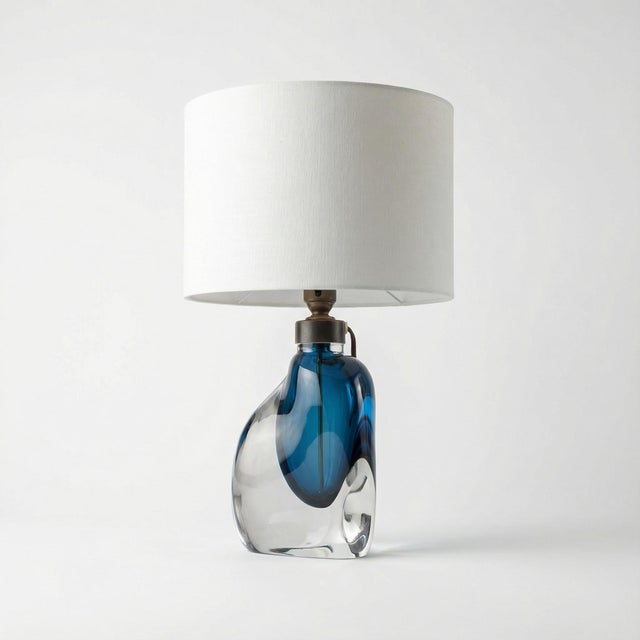 Vintage Swedish Modern Blue Cased Glass Table Lamp from Orrefors, 1950s For Sale - Image 11 of 11