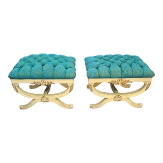 Vintage 1960s Hollywood Regency Dorothy Draper Style Tufted Cruel X Base Ottomans- Pair For Sale