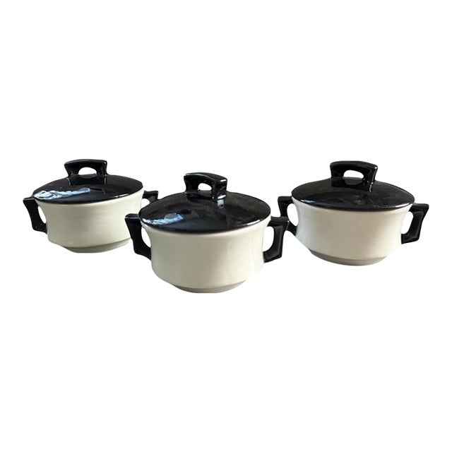 Vintage Mid Century Modern Arnel’s Black & Cream Covered Dishes - Set of 3 For Sale