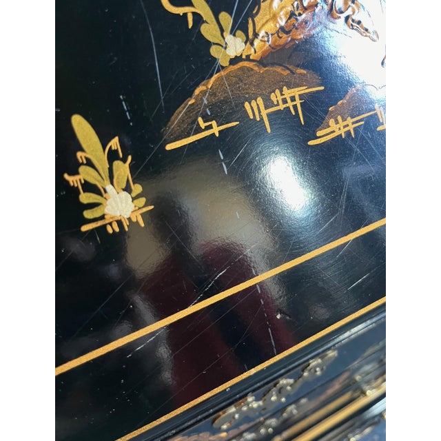 1970's Black Lacquer Hand Painted Asian Chinoiserie Secretary Desk For Sale - Image 10 of 12