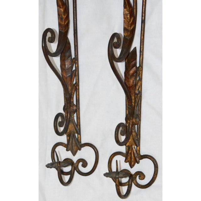 Pair of Metal Candleholder Wall Sconces With Foliate and Scrolls For Sale - Image 4 of 7
