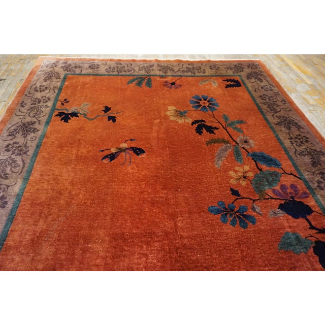 Textile 1920s Orange Floral Modern Antique Chinese Art Deco Rug 7' 10"x11' 6" Hand Knotted Carpet For Sale - Image 7 of 13