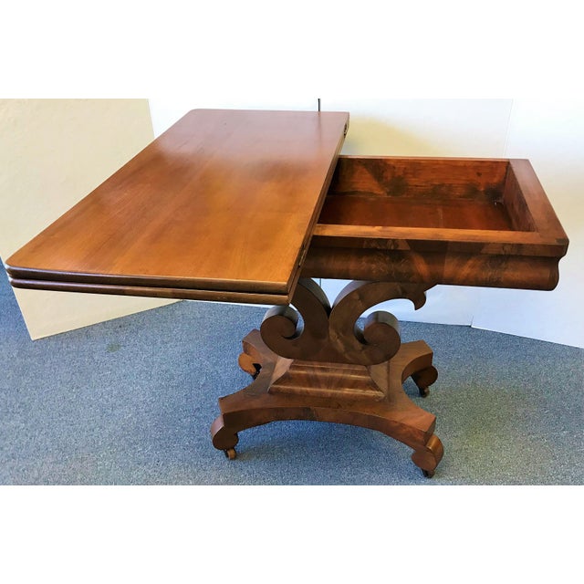 Antique Empire Era Burl Mahogany Swivel Top Game Table With Storage