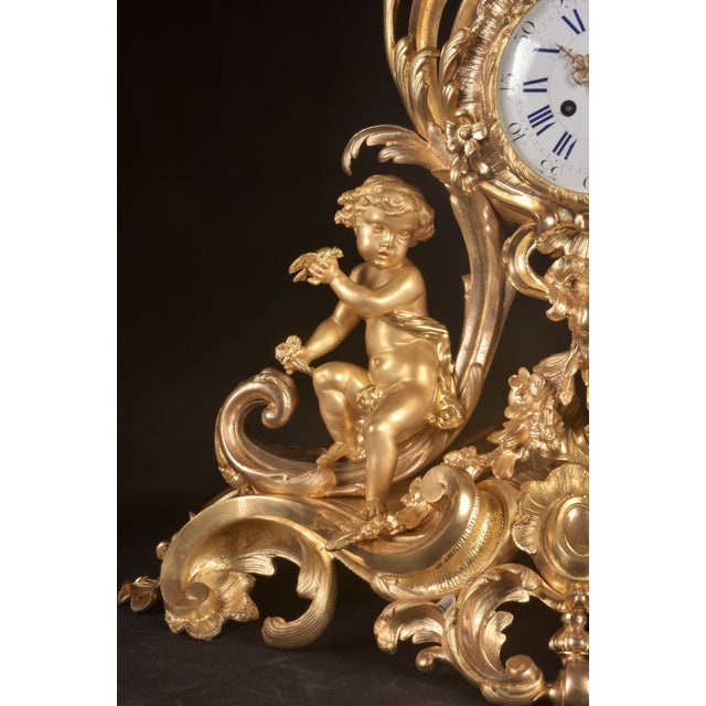 Bronze 1840s French Louis XV Ormolu Gold Bronze Mantel Clock Set 3pc For Sale - Image 8 of 16