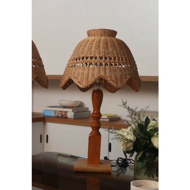 Contemporary Pair of Vintage Wicker Scalloped Dome Table Lamps With Turned Wood Bases For Sale - Image 3 of 5