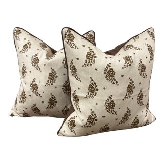 Pair of 22x22 Block-Printed Floral Pillows — Reversible With Solid Back For Sale