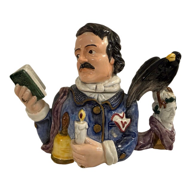 1990s Fitz and Floyd Edgar Allan Poe Character Jug With Raven – Literary Figural Pitcher For Sale