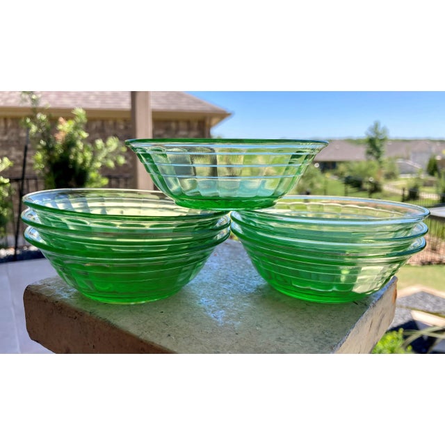 Circa 1920 Block Optic Uranium Glass Berry Bowls by Hocking Glass - Set of 7 For Sale - Image 13 of 13