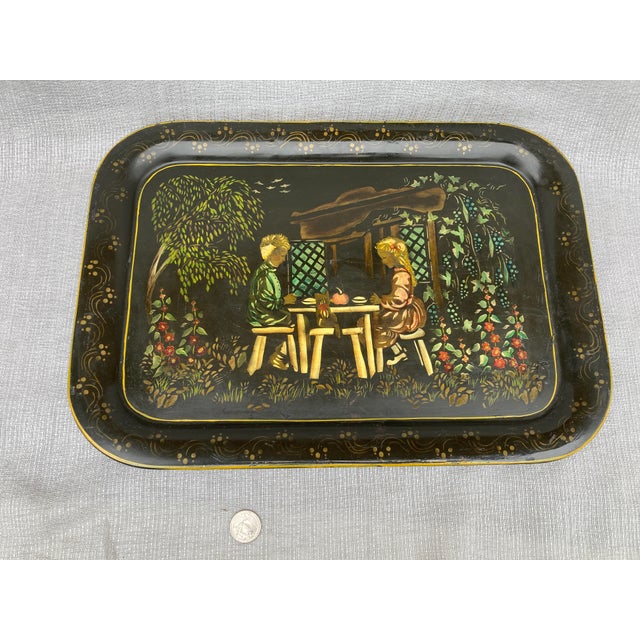 Metal Antique Tole Painted Tray For Sale - Image 7 of 10