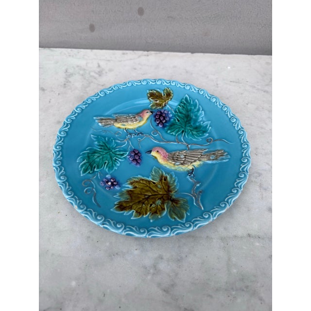 German Majolica birds and grapes plate, circa 1900. 7.5 inches diameter.