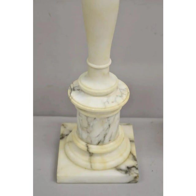 Stone Vintage Italian Classical Carved White Marble Column Table Lamps - A Pair For Sale - Image 7 of 13