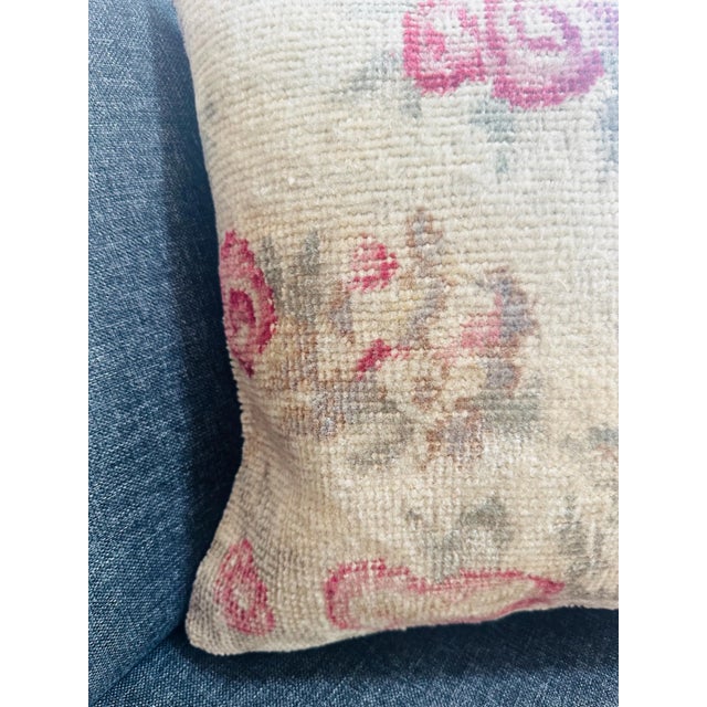 Vintage Turkish Rug Pillow Cover, Handwoven Wool Isparta Floral Cushion, One of a Kind Boho Pillow, 16x16 In For Sale - Image 11 of 11