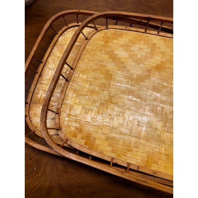 Set of four vintage late 1970s handmade bamboo, wood and straw serving trays, they can be used as placemats, breakfast...