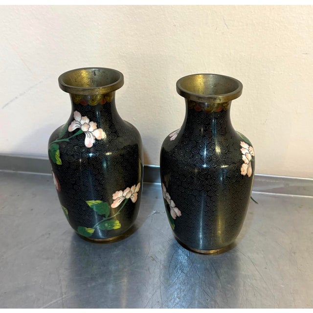 Black/pink floral cloisonne' vases; set of two. Excellent condition.