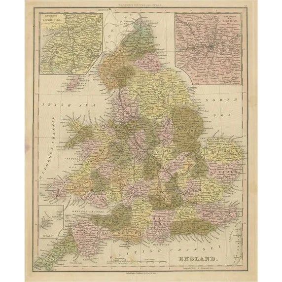 Antique Map of England with Inset Maps of Liverpool and London, 1842 For Sale