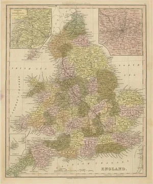 Antique Map of England with Inset Maps of Liverpool and London, 1842