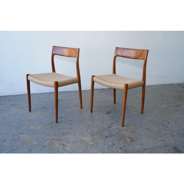 J.L. Møllers Møbelfabrik 1960s Set of 6 Danish Modern Niels Otto Møller Rosewood Papercord Dining Chairs Models 57 & 77 For Sale - Image 4 of 17