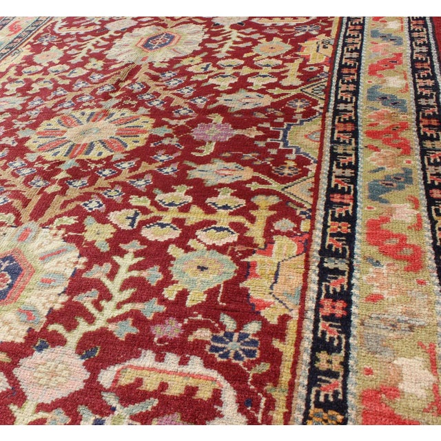 Mid 20th Century Vintage Turkish Oushak Rug in Deep Crimson, Soft Gold, and Pale Blue With Floral For Sale - Image 5 of 7