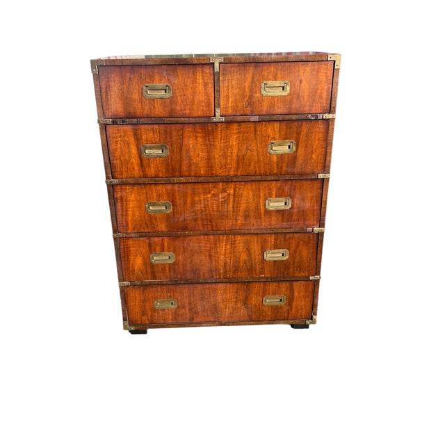 Vintage Lane Campaign Style High Chest Dresser With Brass Hardware Handsome vintage high chest of drawers by Lane...