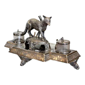 Antique Silverplated Fox-Themed Inkwell by James Deakin & Sons, England