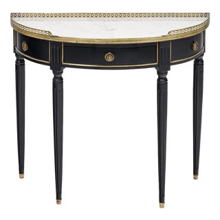 French Louis XVI Style Ebonized, Brass and Marble Demi-Lune Console Table For Sale