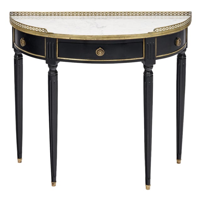 French Louis XVI Style Ebonized, Brass and Marble Demi-Lune Console Table For Sale