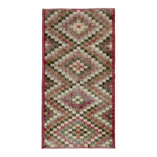 1960s Vintage Distressed Turkish Rug in Green, Multicolor Geometric Pattern For Sale