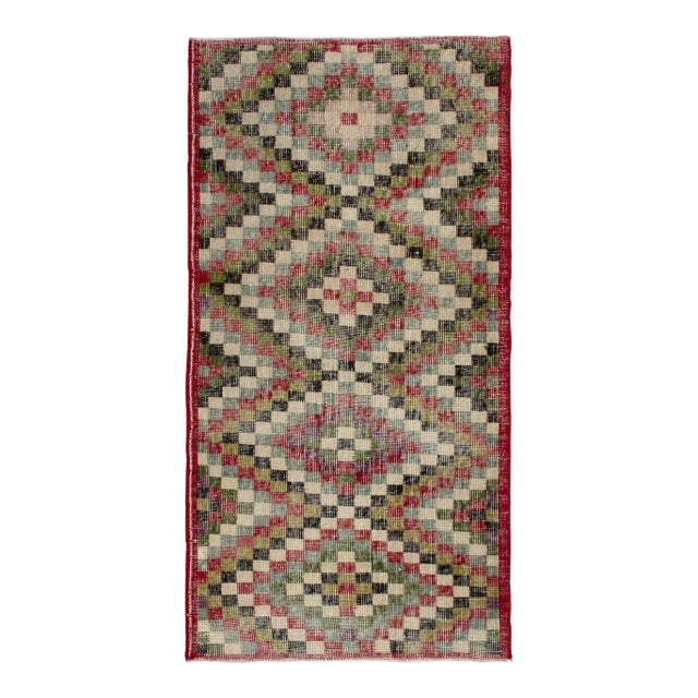 1960s Vintage Distressed Turkish Rug in Green, Multicolor Geometric Pattern For Sale