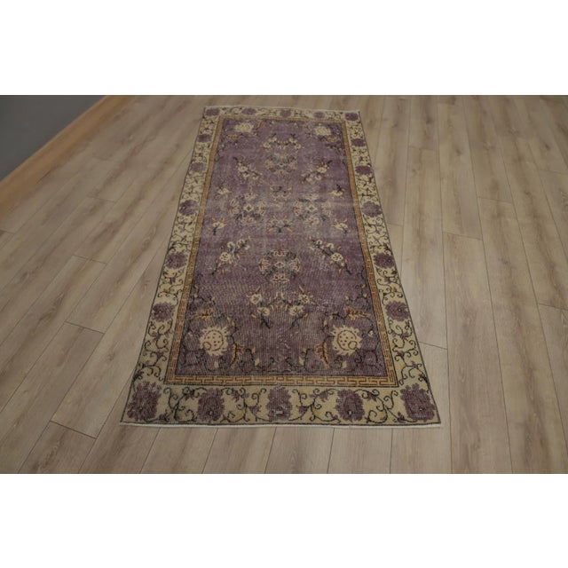1970s Floral Design Art Deco Purple Oushak Accent Rug For Sale - Image 10 of 10