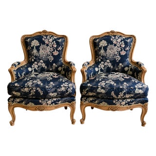 Louis XV Bergère Armchairs with Japonisme Tapestry, Set of 2 For Sale
