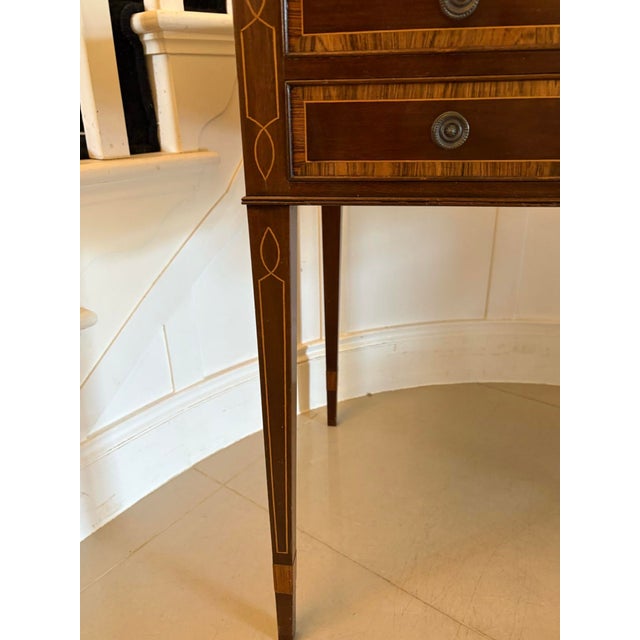 Brown Antique Edwardian Free Standing Mahogany Four Drawer Inlaid Writing Desk, 1910 For Sale - Image 8 of 13