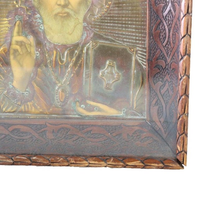 Hand Painted St. Nicholas Icon in Brass Overlay & Shadowbox C1920 For Sale - Image 4 of 6