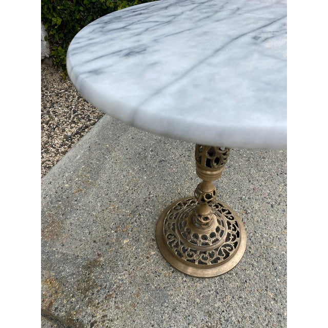Vintage Pierced Brass Pedestal Side Table With Marble Top For Sale - Image 10 of 13
