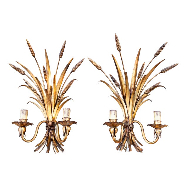 Italian Gilt Metal Wall Sconces with Leaves and Ears of Wheat, 1960s-1970s, Set of 2 For Sale