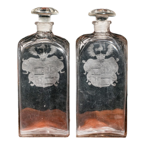 Exquisite Pair 19th Century Hand Blown Glass Antique Decanters Armorial Coat of Arms Home Decor Barware