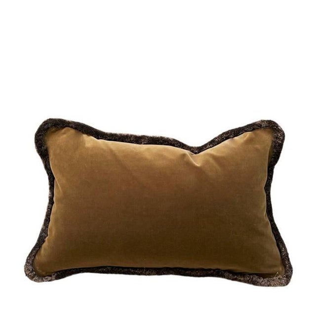 A beautiful silk damask by Lelievre with usual color combination of bronze and green. Trimmed with a double marabou fringe...