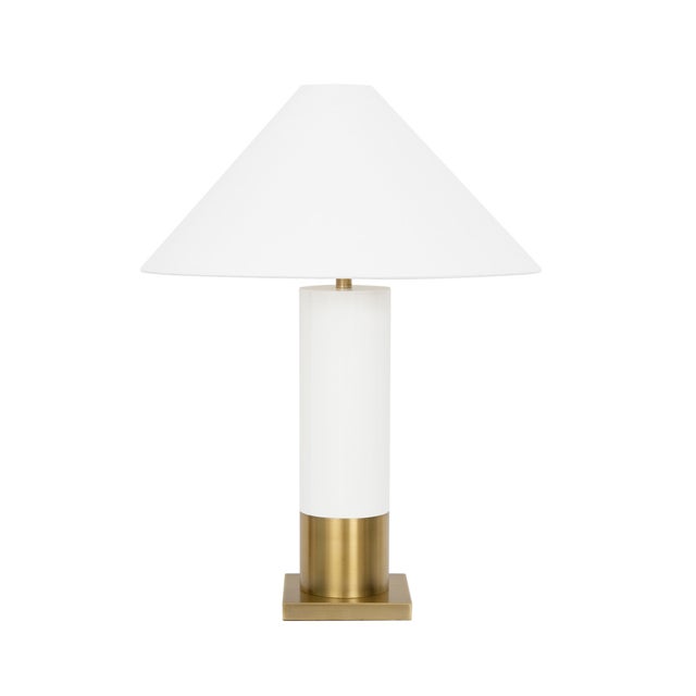 Matthew Izzo Home Bishop Glossy White Lacquer Table Lamp With Brushed Brass Base and White Linen Coolie Shade For Sale - Image 4 of 4