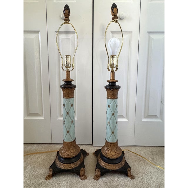 Vintage 1980s Italian Ceramic & Wood Gilt & Aqua Neoclassical-Style Empire Table Lamps For Sale - Image 14 of 18