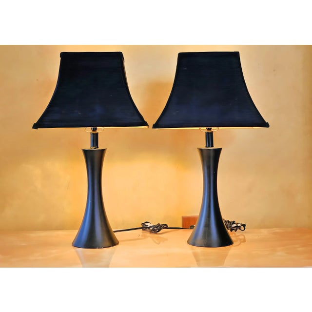 Art Deco Black Table Lamps With Black Ribbed Shades With Gold Foil Lining by Intertek, a Pair For Sale - Image 12 of 12