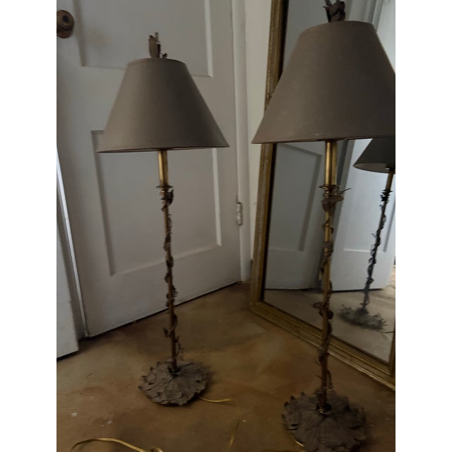 Hart Associates Pair Vintage Hart & Associates Antique Brass Candlestick Buffet Lamps Taupe Painted Shades and Vine Foliage Detailing For Sale - Image 4 of 8