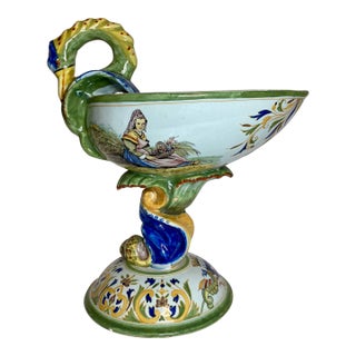 Antique French Quimper Porquier-Beau Footed Compote With Swan Handle For Sale