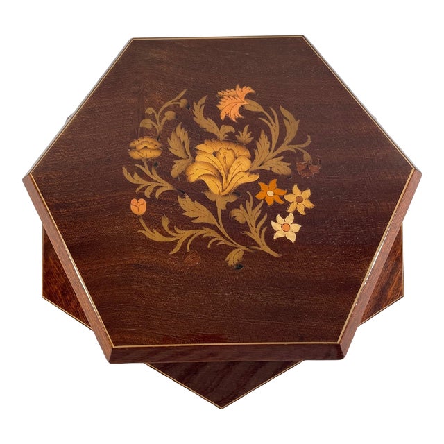 1970s Italian Hexagon Marquetry Musical Jewelry Box For Sale