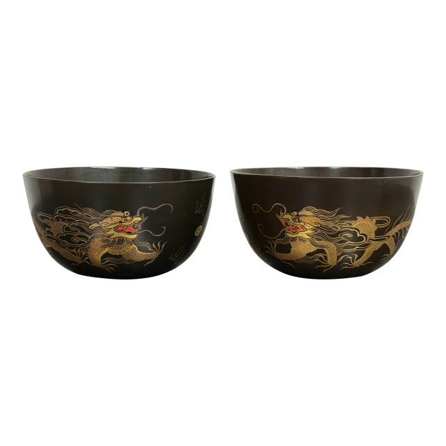 Japanese Lacquer Dragon Bowls, Pair For Sale