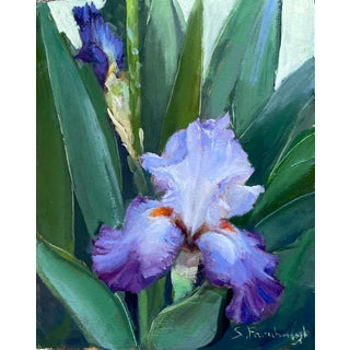 Bearded Beauty by Sheri Farabaugh | Oil on Treated Cardboard Iris Flower among Green Leaves For Sale
