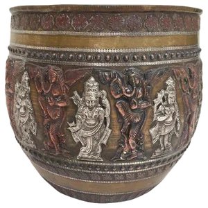 Asian Brass, Copper, Silver Inlaid Ceremonial Bowl With Avatars of Vishnu