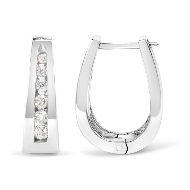Contemporary 14k White Gold 1/4 Cttw Channel-Set Brilliant Round-Cut Diamond Hoop Earrings (I-J Color, I2-I3 Clarity) For Sale - Image 3 of 5