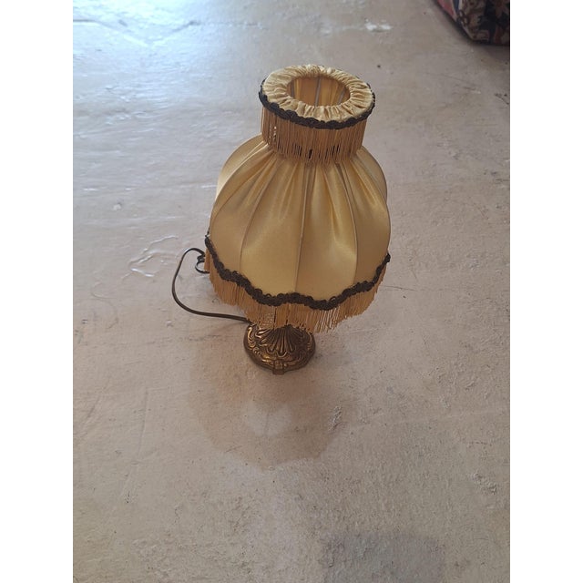 Victorian Vintage Hollywood Regency Fringe Boudoir Lamp With Satin Shade and Brass Base For Sale - Image 3 of 8