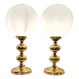 Vintage Brass Table Lamps with White Glass Shades, 1970s, Set of 2 For Sale